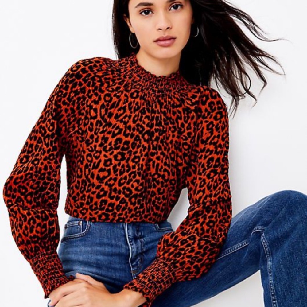 Loft smocked mock neck long sleeve blouse